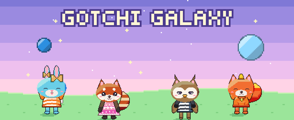 Four pixel pets in outfits standing on a green hill under a purple sky with planets