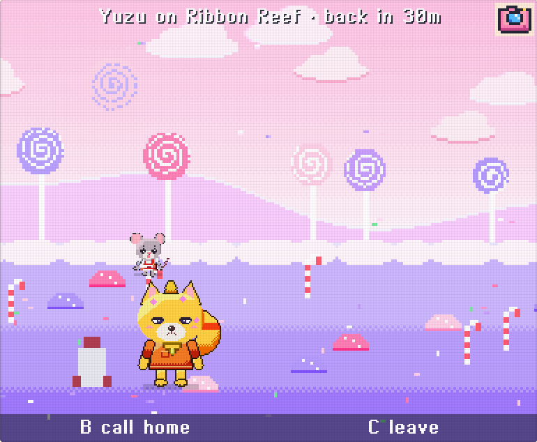 A pet exploring a candy planet with lollipop trees