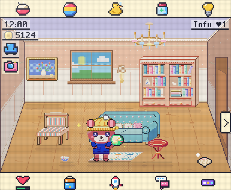 A pet in a cosy room with a sofa and bookshelf