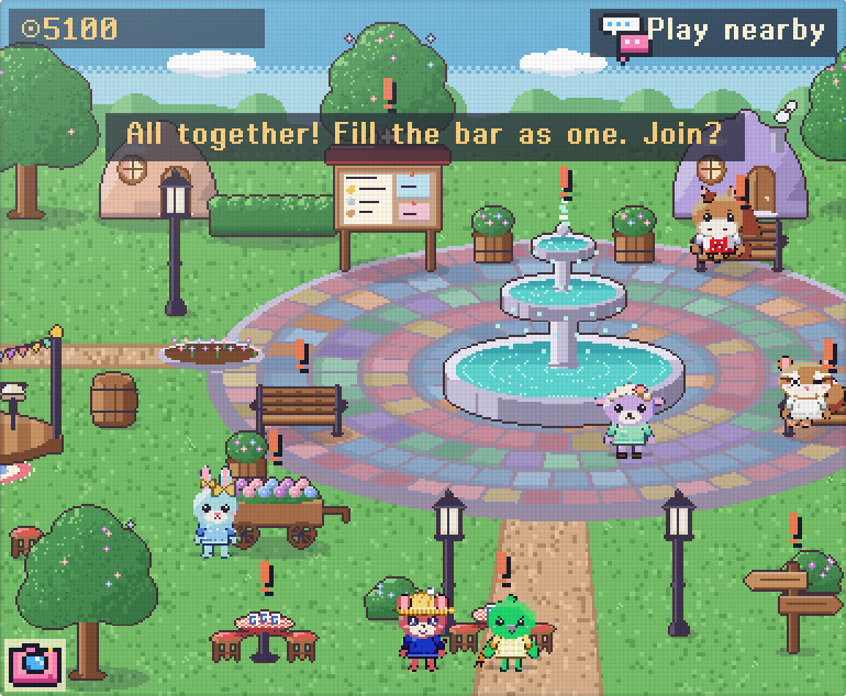 The town square with a fountain and pets walking around
